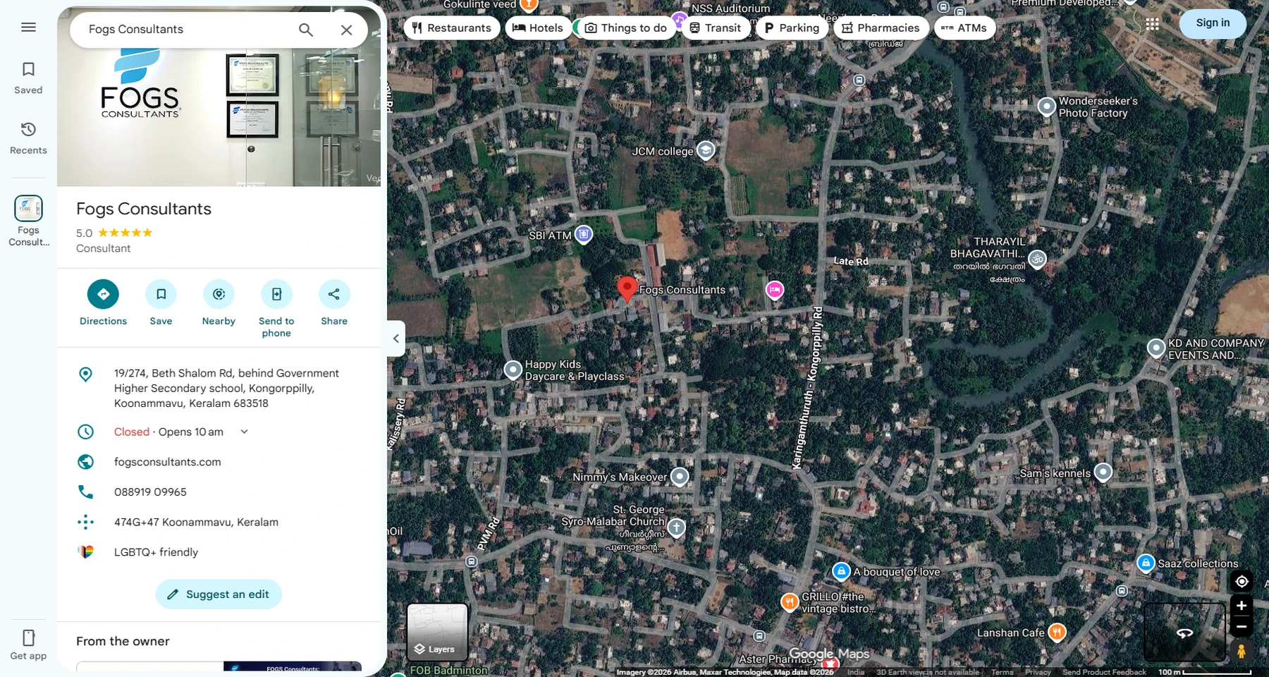 Real Google Maps location showing FOGS Consultants office at 19/274, Beth Shalom Rd, Kongorpilly, Ernakulam, Kerala